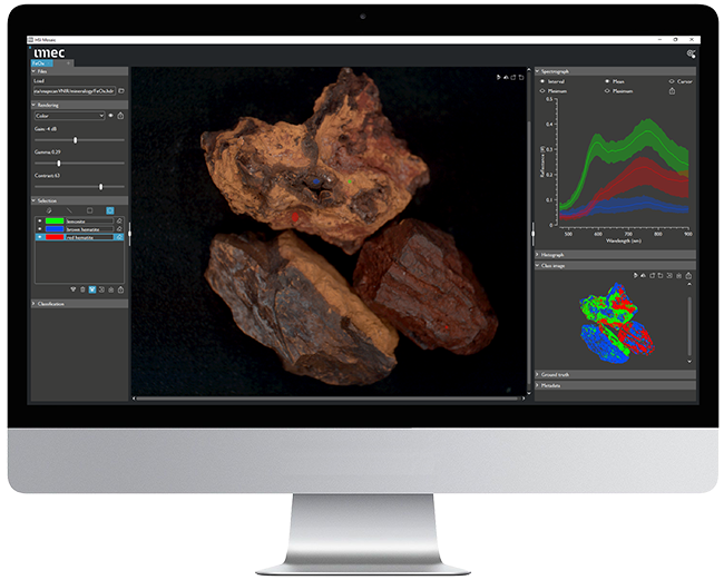 Example of imec's hyperspectral software. A picture of 3 brown rocks being analysed on a screen, on the right side of the rocks you can find statistics. 
